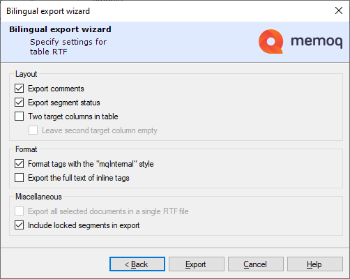 Assistant export bilingue montrant la mise en page, le format et diverses options à choisir lors de l’ajustement de votre fichier .rtf.