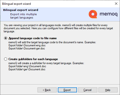 Assistant d’exportation bilingue affichant deux boutons radio pour l’exportation de fichiers avec plusieurs langues: ajouter le code de langue au nom de fichier, et créer des sous-dossiers pour chaque langue. Les boutons Retour, Exporter, Annuler et Aide se trouvent au bas du tableau.