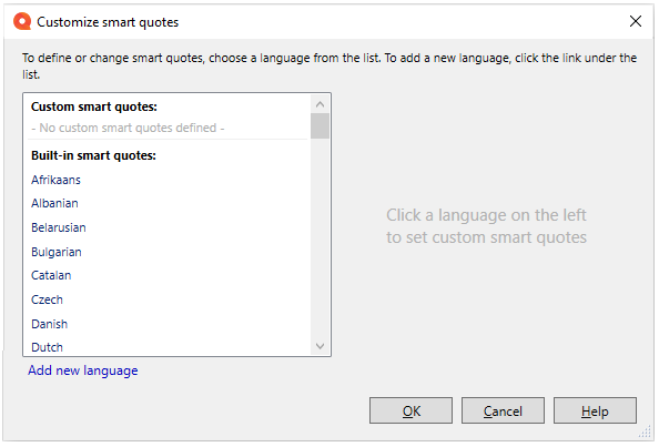 Personnalisez la fenêtre des guillemets avec la liste des langues disponibles visible à gauche. La liste est divisée entre les guillemets personnalisés en haut et les guillemets typographiques intégrés en dessous, ainsi que le lien Ajouter un lien de langue. Les boutons OK, Annuler et boutons d’aide sont visibles dans le coin inférieur droit.