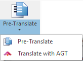 Le bouton de Pré-Traduction affichant deux options dans le sous-menu: Pré-Traduire et Traduire avec memoQ AGT.