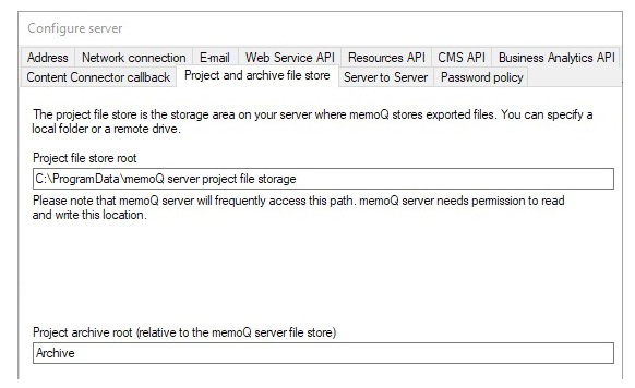 Fenêtre de configuration du serveur avec racine du magasin de fichiers du projet et racine d’archive du projet visibles