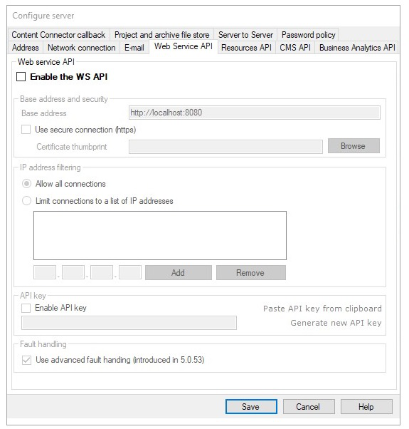 Fenêtre de configuration de l’API Web Service non active 