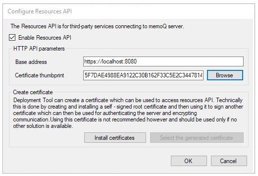 Fenêtre des champs de paramètres de ressources et d’API HTTP avec adresse de base et certificat inséré