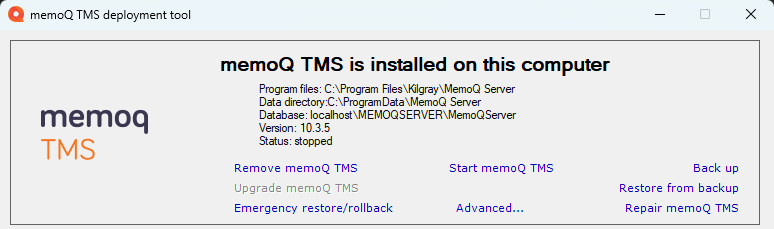 fenêtre installée memoQ TMS déjà avec sélection avancée des options