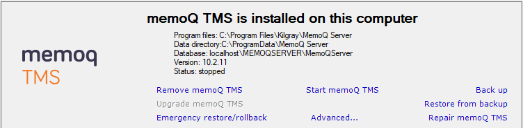 fenêtre installée memoQ TMS déjà avec sélection avancée des options