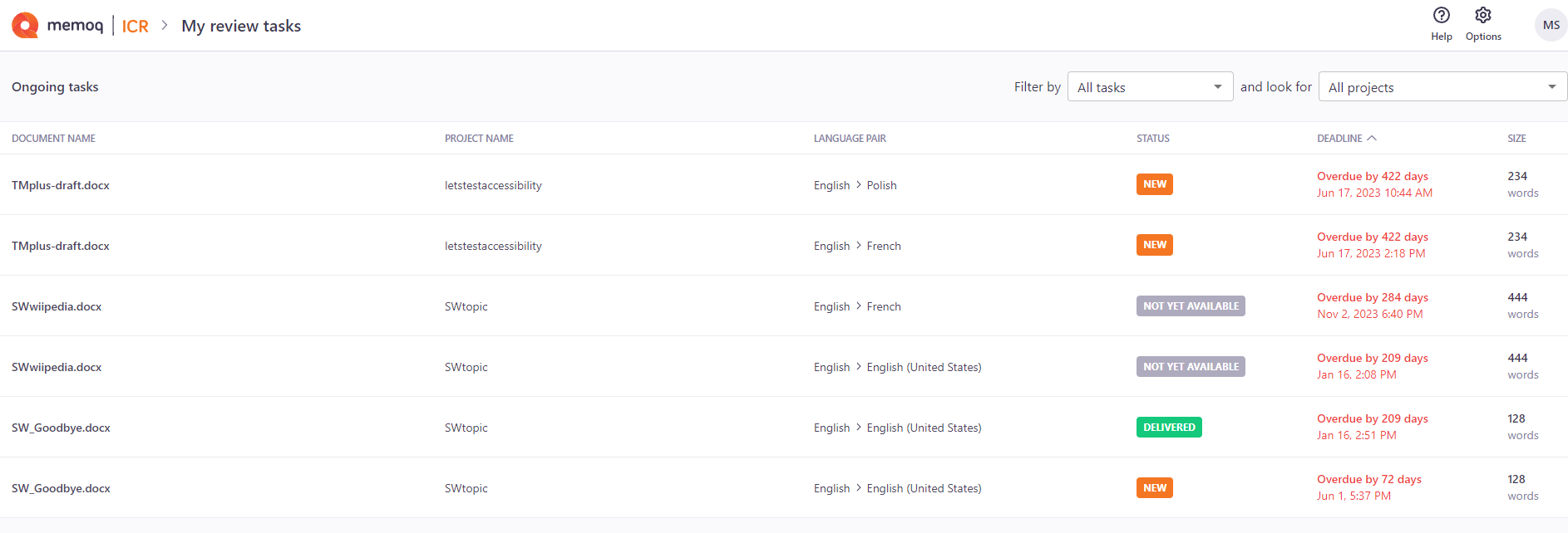 La page de mes tâches de révision montrant toutes les tâches de révision attribuées à l’utilisateur. Dans le coin supérieur gauche, il y a des boutons Aide, Options et admin. En dessous, vous pouvez filtrer les tâches et rechercher des projets grâce aux menus déroulants de filtrage et sous les options de filtrage, il y a un tableau avec toutes les informations sur les tâches attribuées - nom du document, nom du projet, paire de langues, état, date limite, taille.