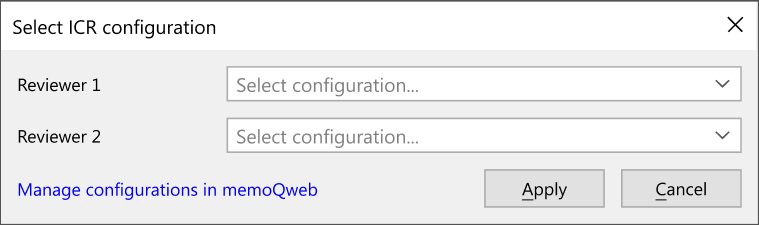 Sélectionnez la fenêtre de configuration ICR affichant deux listes de menus de configuration - une pour le relecteur 1 et le relecteur 2. En dessous, il y a le lien configurations dans memoQweb et les boutons Appliquer et Annuler.