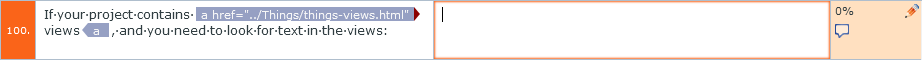 Segments source et cible. Le segment source montre le texte dans la langue source et le contenu complet des balises internes (nom, attributs et valeurs). Le segment cible est vide.