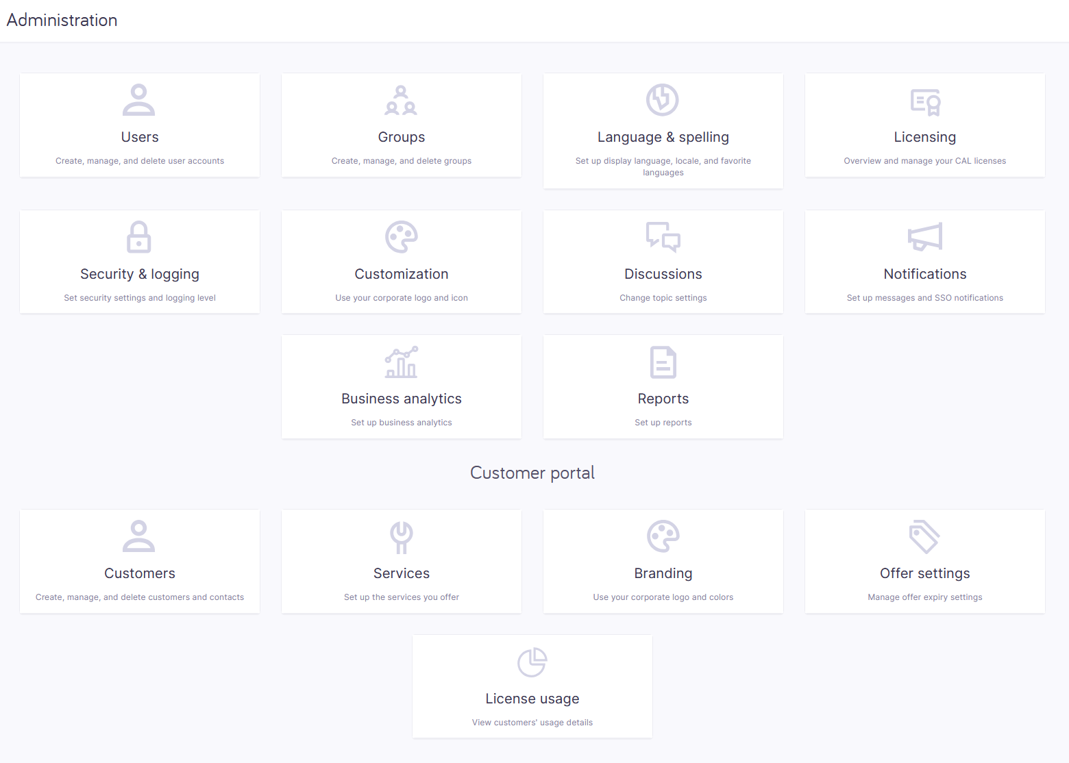 Panneau d’administration affichant des tuiles d’options pour memoQweb et les paramètres de customer portal.