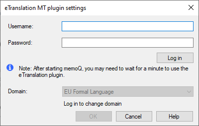 Fenêtre contextuelle de connexion pour le plug-in eTranslation avec option de changement de domaine.