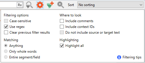 Options que vous pouvez utiliser lors du filtrage de votre contenu à traduire.