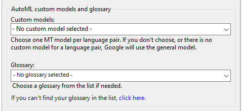 Modèles personnalisés AutoML et partie glossaire avec des menus déroulants pour le glossaire et les modèles personnalisés, et lien cliquez ici pour créer votre glossaire.