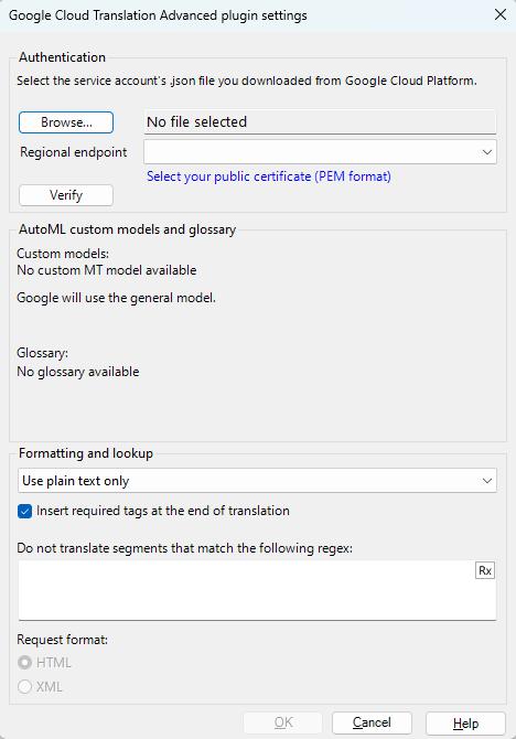 Paramètres avancés du plug-in Google Cloud Translation avec champ d’authentification, modèles personnalisés d’AutoML, glossaire, mise en forme et champs de recherche.