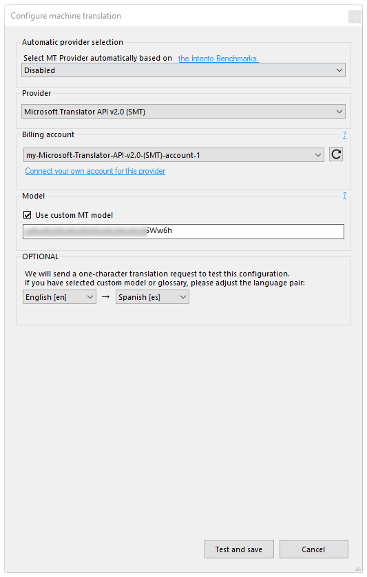 Configurer la fenêtre de traduction automatique affichant le champ Modèle actif avec l’option Utiliser un modèle de TA personnalisé activée.