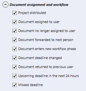 Partie de la section des notifications par courriel de l’onglet Communication. La section s’appelle attribution de documents et flux de travail. Ci-dessous, il y a neuf cases à cocher à choisir: 1. Projet distribué, 2. Document attribué à l’utilisateur, 3. Document n’est plus attribué à l’utilisateur, 4. Document transmis à la personne suivante, 5. Document entre dans une nouvelle phase de flux de travail, 6. Échéance du document modifiée, 7. Document renvoyé à l’intervenant précédent, 8. L’échéance à venir dans les prochaines 24 heures, 9. Échéance manquée.