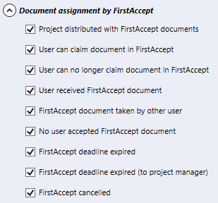 Partie de la section des notifications par courriel de l’onglet Communication. La section s’appelle Attribution de document par FirstAccept. Ci-dessous, il y a neuf cases à cocher: 1. Projet distribué avec des documents FirstAccept, 2. L’utilisateur peut attribuer le document dans FirstAccept, 3. L’utilisateur ne peut plus attribuer le document dans FirstAccept, 4. L’utilisateur a reçu un document FirstAccept, 5. Document FirstAccept pris par un autre utilisateur, 6. Aucun utilisateur n’a accepté le document FirstAccept, 7. La date limite de FirstAccept est expirée, 8. La date limite de FirstAccept est expirée (pour le chef de projet), 9. FirstAccept annulé.