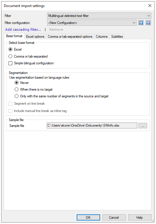 Fenêtre des paramètres d’importation de document affichant les listes déroulantes Filtre et Configuration du filtre, le lien Ajouter un filtre en cascade et les onglets avec l’onglet Format de base ouvert, montrant les options à choisir: Sélectionner le format de base: Excel, séparé par des virgules ou par des tabulations ou Configuration bilingue simple, et Options de segmentation: Segmenter le texte source uniquement si le segment cible ne contient aucun texte, et un fichier d’exemple. Les boutons OK, Annuler et Aide se trouvent dans le coin inférieur droit.