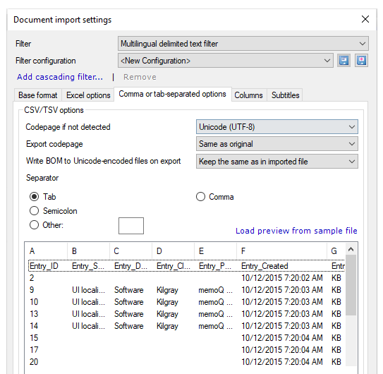 Fenêtre des paramètres d’importation de document affichant les listes déroulantes Filtre et Configuration du filtre, le lien Ajouter un filtre en cascade et les onglets avec les options séparées par des virgules ou des tabulations ouverts montrant les options CSV/TSV - listes déroulantes pour la page de code si non détectée, la page de code d’exportation et Écrire BOM pour les fichiers encodés en Unicode à l’exportation. En dessous, il y a des boutons radio pour les options de séparateur (tabulation, point-virgule, virgule et autres) et le lien Charger un aperçu à partir d’un fichier exemple. En dessous, il y a un champ d’aperçu affichant les données.