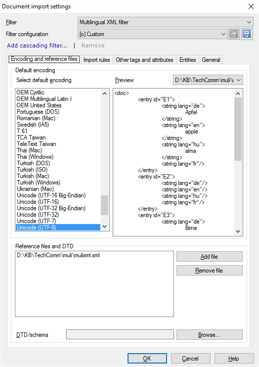 Fenêtre de paramètres d’importation de document affichant la configuration de filtre et de filtre sélectionnée, en dessous se trouvent les options d’encodage et l’onglet des fichiers de référence ouverts montrant les options d’encodage par défaut ainsi que les fichiers de référence et DTD.
