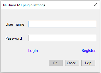 Fenêtre de connexion du plug-in de TA NiuTrans avec des options pour se connecter ou s’inscrire.
