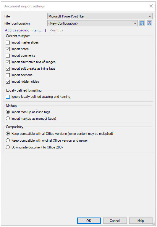 Paramètres d’importation de document pour fichiers Microsoft PowerPoint affichant des listes déroulantes pour sélectionner la configuration du filtre et le filtre, le contenu à importer, la mise en forme définie localement, les balises et les options de compatibilité à définir.