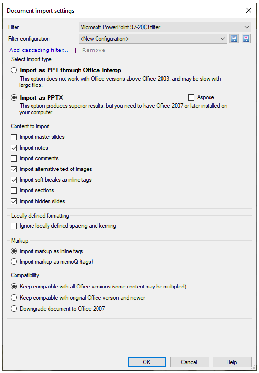 Les paramètres d’importation de documents pour les fichiers Microsoft PowerPoint 97-2003 affichant des listes déroulantes pour sélectionner le filtre et la configuration du filtre, ajouter un lien cliquable de filtre en cascade, sélectionner le type d’importation, le contenu à importer, la mise en forme définie localement, les balises et les options de compatibilité à définir. En bas, il y a des boutons OK, Annuler et Aide.
