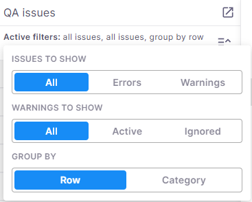 L’interface affichant les options après avoir cliqué sur le bouton Afficher les options. Vous pouvez choisir parmi (segment du haut) Tous les problèmes, erreurs, avertissements, (segment du milieu) Grouper par segment, grouper par type de problème, (segment du bas) Afficher les avertissements ignorés.