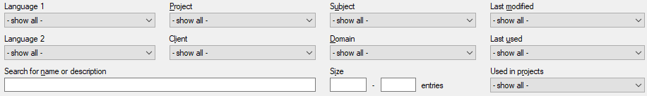 Partie de la Console de gestion des ressources - Base de terminologie affichant les filtres possibles que vous pouvez utiliser pour filtrer votre liste de bases terminologiques: Langue 1, Langue 2, Projet, Client, sujet, Domaine, Dernier, Dernier utilisé, Utilisé dans des projets, rechercher un nom ou une description, et Taille.