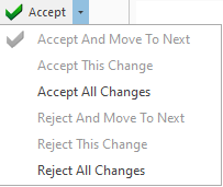 Bouton accepter affichant son menu déroulant avec options disponibles: Accepter et passer à suivant, Accepter cette modification, Accepter toutes les modifications, Rejeter et passer à suivante, Rejeter cette modification, Rejeter toutes les modifications.