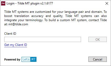 Fenêtre de connexion Tilde MT. Insérez l’identifiant du client et cliquez sur OK ou cliquez sur le lien Obtenir mon identifiant de client.