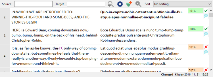 Partie de l’éditeur de traduction montrant les textes source et cible, les correspondances et des informations supplémentaires sur les textes.