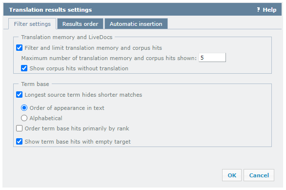 Fenêtre des paramètres des résultats de traduction affichant l’onglet Paramètres du filtre ouvert avec mémoire de traduction et Bases LiveDocs et option de base terminologique à choisir. En bas, il y a les boutons OK et Annuler.