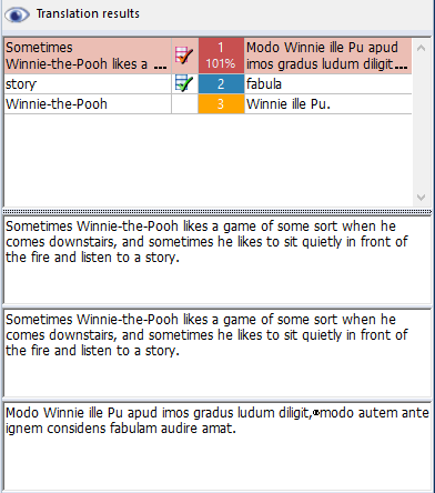 Partie de la fenêtre indiquant les résultats de traduction et suggestions basées sur les ressources ajoutées au projet. 