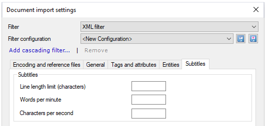 Fenêtre des paramètres d’importation de document affichant les filtres et les menus déroulants de configuration des filtres, lien cliquable Ajouter un filtre en cascade, et onglet Sous-titres avec des champs à remplir pour la Limite de longueur de ligne en caractères, Mots par minute, et Caractères par seconde.