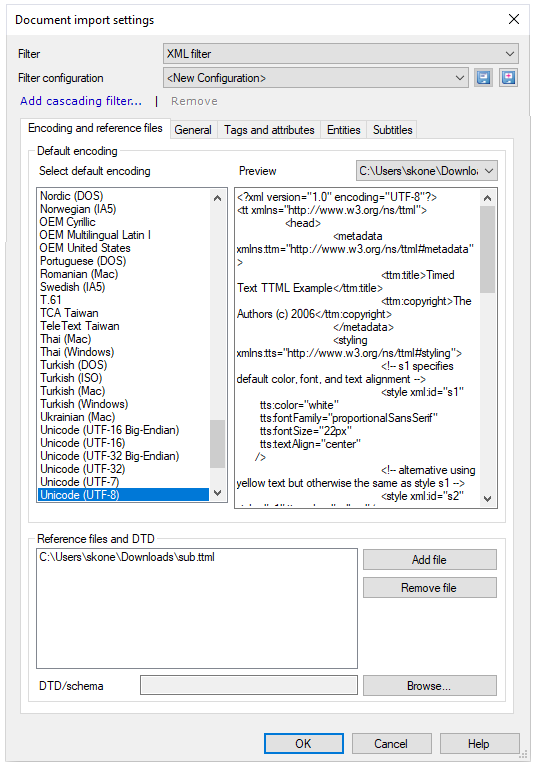 Fenêtre de paramètres d’importation de documents affichant des filtres et des menus déroulants de filtre et filtre de configuration, Ajouter un lien cliquable de filtre en cascade, et l’onglet d’encodage et de fichiers de référence avec des options d’encodage par défaut et des fichiers de référence et options de DTD. OK, Annuler, boutons d’aide sont dans le coin inférieur gauche.