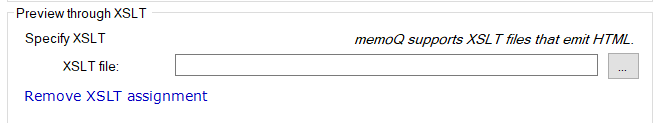 Aperçu à travers la section XSLT avec le champ de fichier XSLT se terminant par le bouton Plus d’options, et le lien cliquable Retirer l’attribution XSLT.