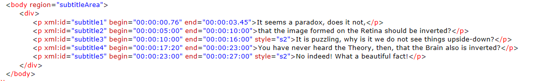 Exemple d’attributs XML, avec xml:id, attribut de début et attribut de fin présentés.