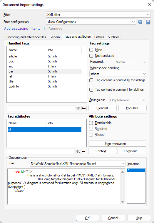 Fenêtre des paramètres d’importation de document affichant les filtres et les menus déroulants de configuration des filtres, lien cliquable Ajouter un filtre en cascade, onglet Étiquettes et Attributs avec les étiquettes gérées, paramètres des étiquettes, attributs des étiquettes et options de paramètres des attributs, ainsi que le champ Occurrences. Les boutons OK, Annuler, Aide se trouvent dans le coin inférieur gauche.
