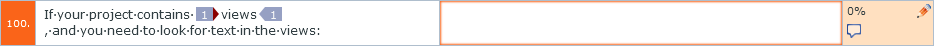 Source and target segments. Source segment showing text in the source language and an inline tag. The target segment is empty.