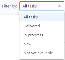 Die Dropdown-Liste "Filtern nach" zeigt alle Optionen an, mit denen die Benutzer ihre Überprüfungsaufgaben filtern können – alle Aufgaben, gelieferte, in Bearbeitung befindliche, neue oder noch nicht verfügbare Aufgaben werden angezeigt.