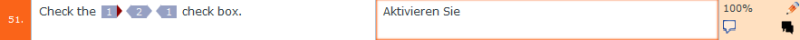 Beispielzeile, die Ausgangs- und Zielsegmente mit dem zu übersetzenden Text und der Übersetzung zeigt. Auf der rechten Seite befindet sich ein zusätzliches Segment mit Informationen zur Zielsprache.