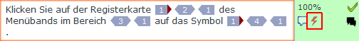 Zielsegment mit Übersetzungen und Tags, sowie einem Blitzsymbol, das Benutzer darauf hinweist, dass sie bei ihrer Übersetzung auf etwas achten müssen.
