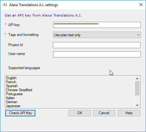 Alexa Translations A.I. settings window, with fields for API key, tags and formatting, project ID, and username. It includes a list of supported languages, and buttons for Check API key, OK, Cancel, and Help.