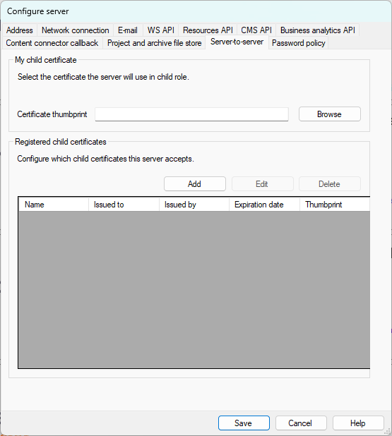 Server to server certificates configuration window