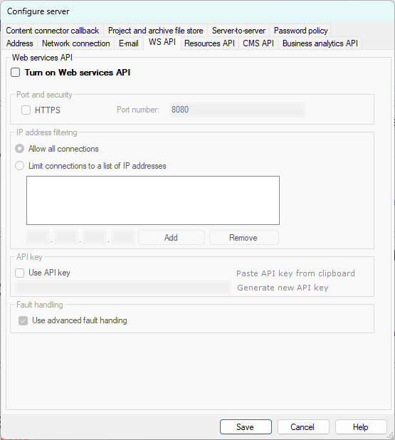 Not active Web Service API configuration window 