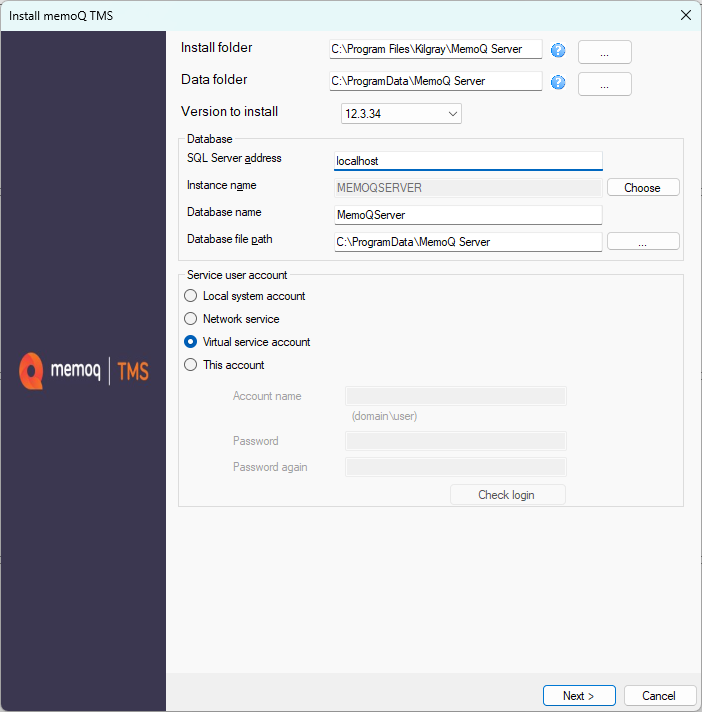 server installation starting window with folder, database, and user account selection