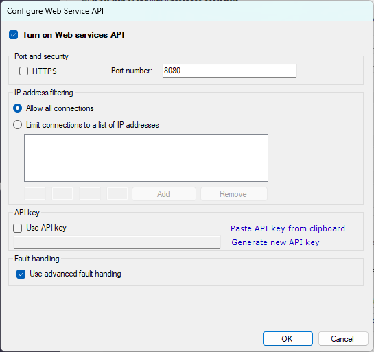 API key configuration and IP filtering window for Web Service API