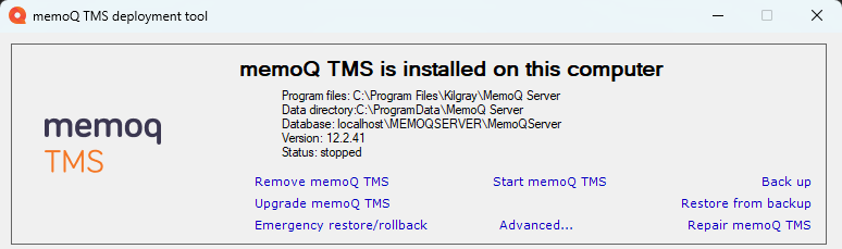 memoQ TMS already installed window with advanced options selection