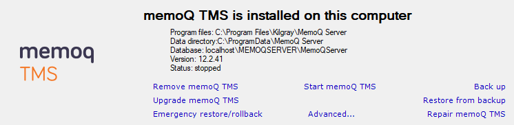 memoQ TMS already installed window with advanced options selection