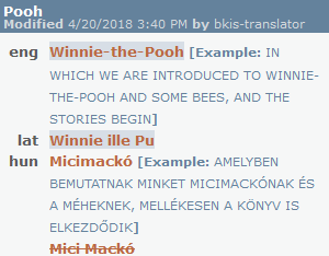 A term base entry details showing the name of the entry, modification date, and by whom it was made. Below there are English, Latin, and Hungarian translations of the selected term.